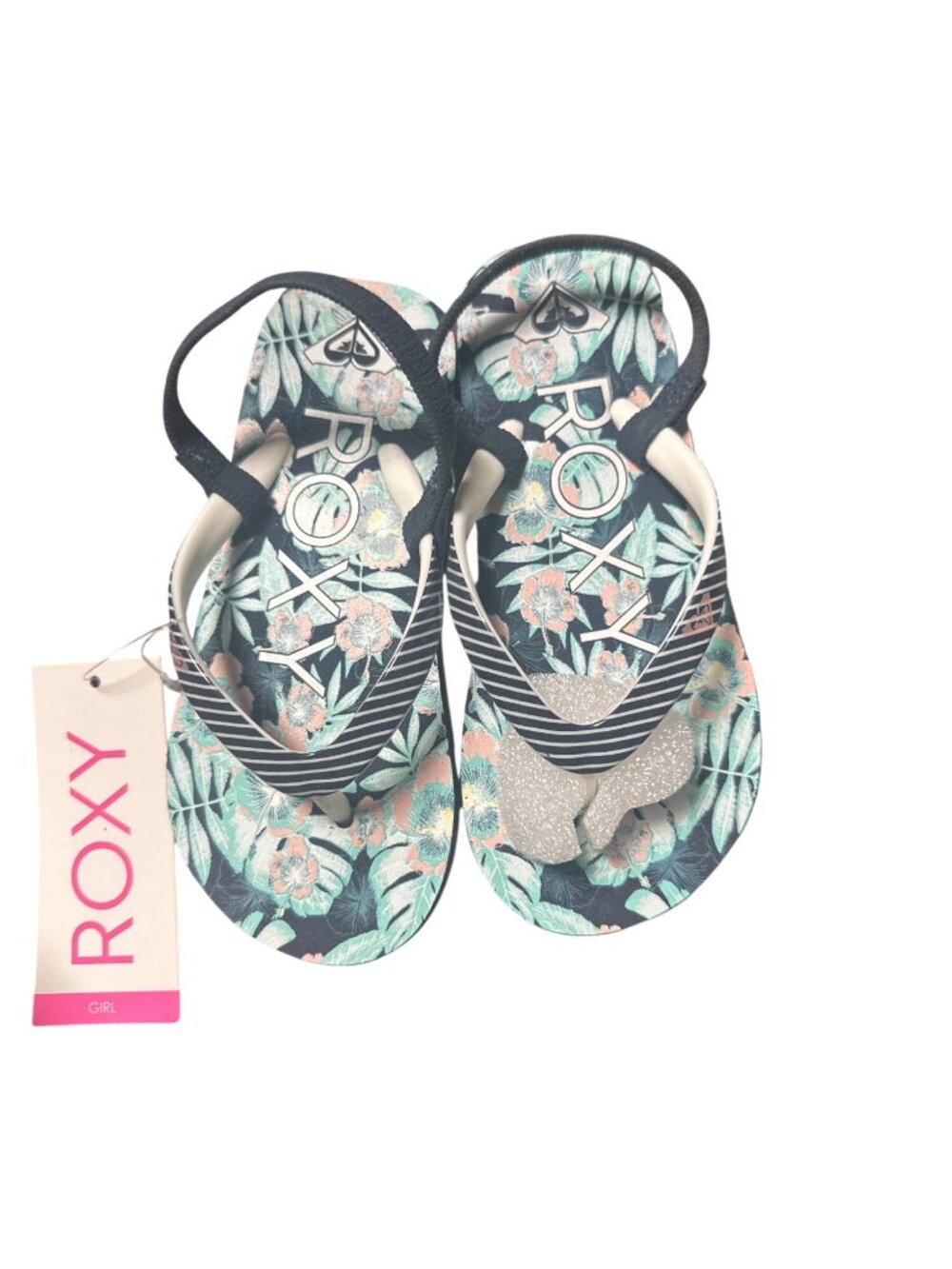 Roxy Girl Size 10 Pink Black Green Tropical Print Flip Flops Floral Summer Beach